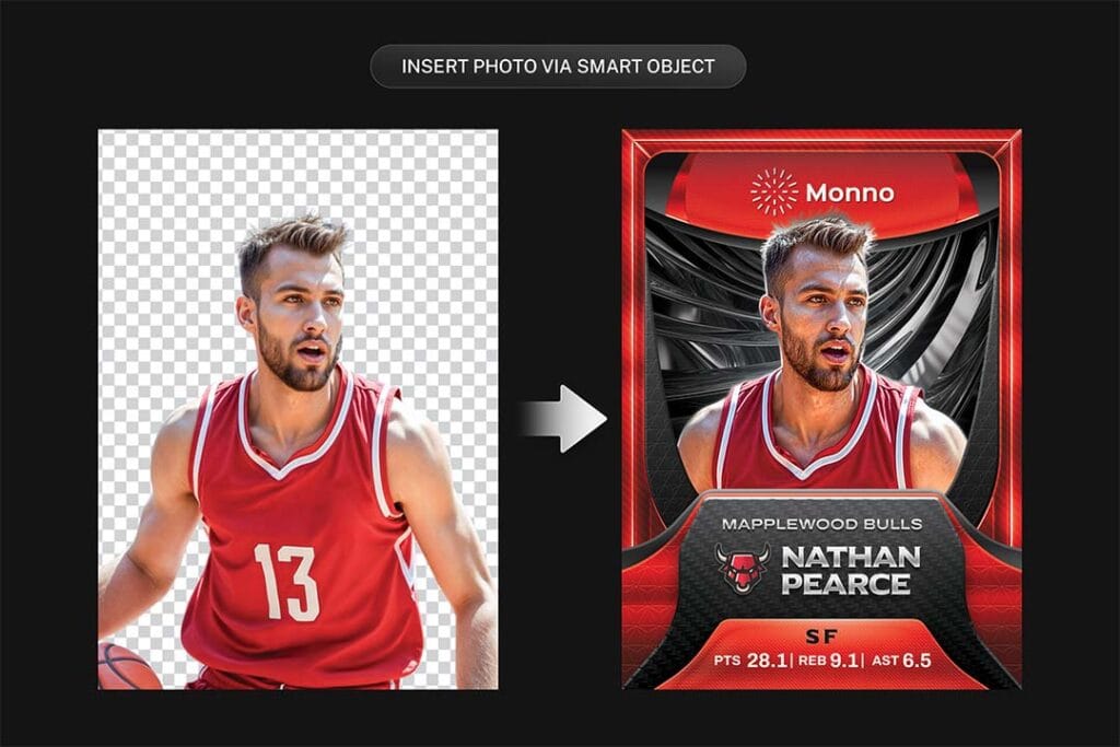 Smart Object feature in Basketball Trading Card Template Photoshop for inserting player image