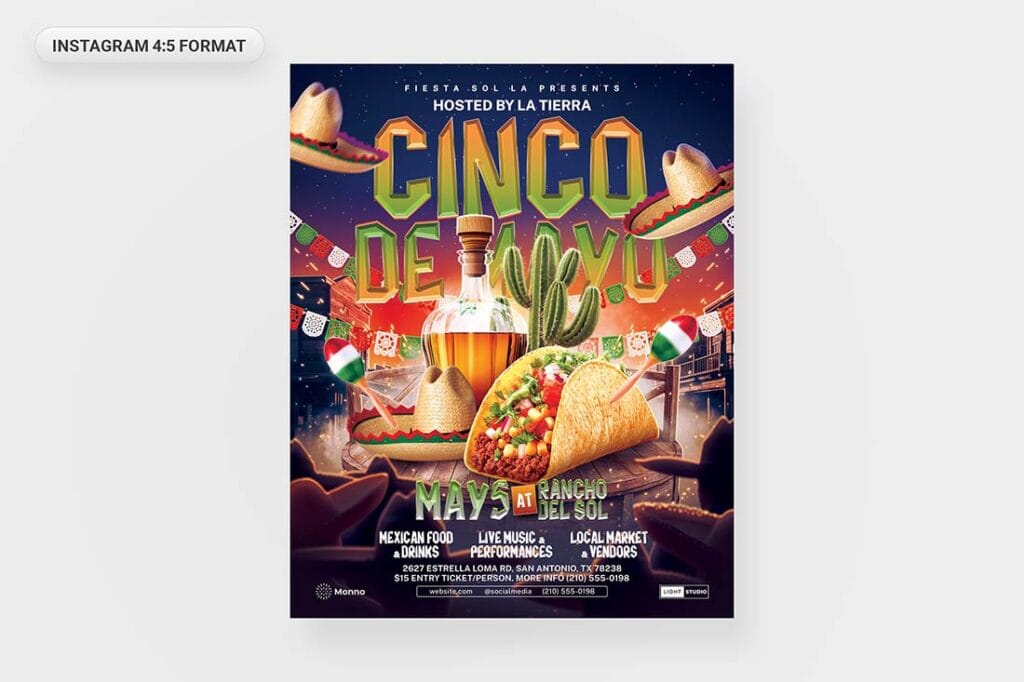 Instagram 4:5 Cinco de Mayo flyer template with cactus, food, and party elements