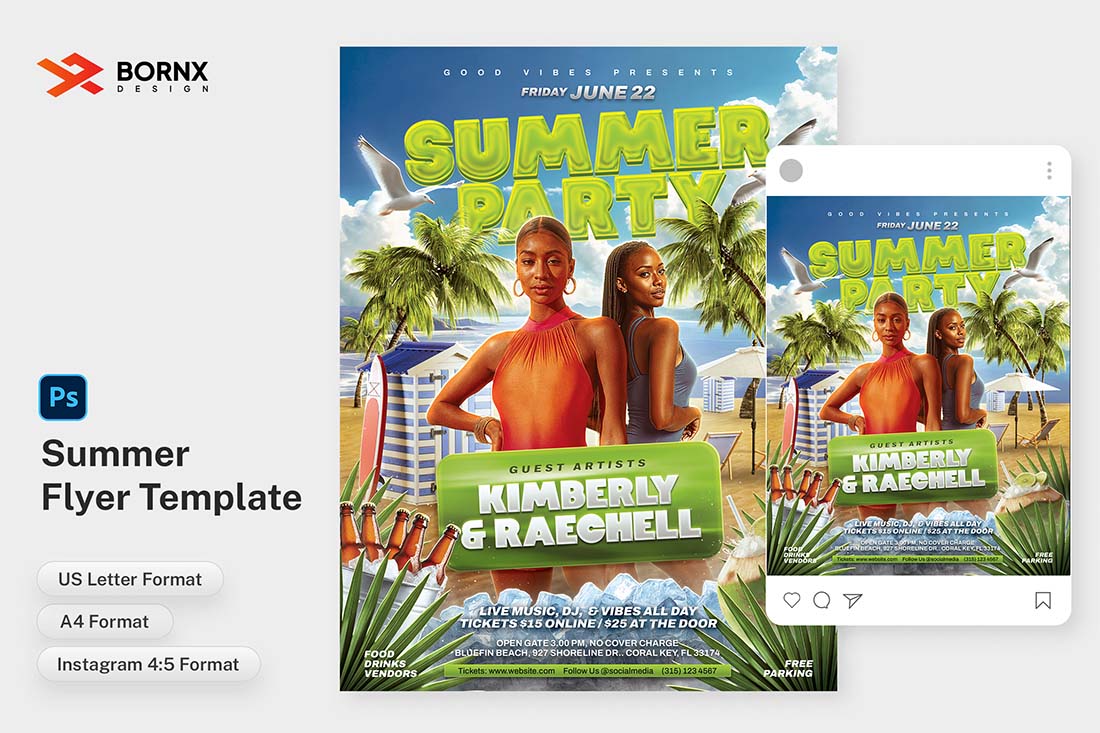 Editable summer flyer PSD template for tropical party with model and palm tree design