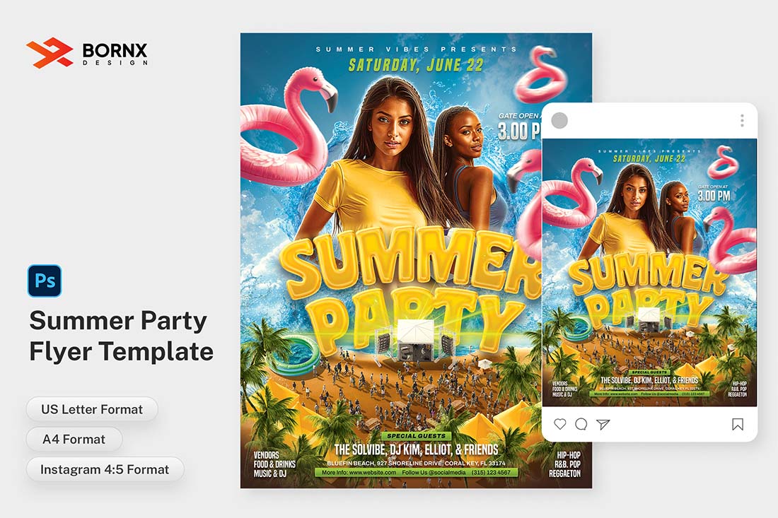 Bright and tropical summer party flyer template with two women and flamingo floats – PSD format