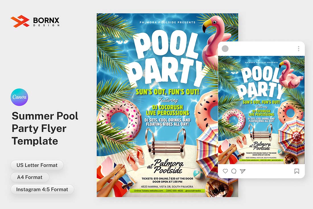 Canva Pool Party Flyer Template featuring summer elements like flamingos, beach umbrellas, and floating rings, perfect for tropical poolside party invites.