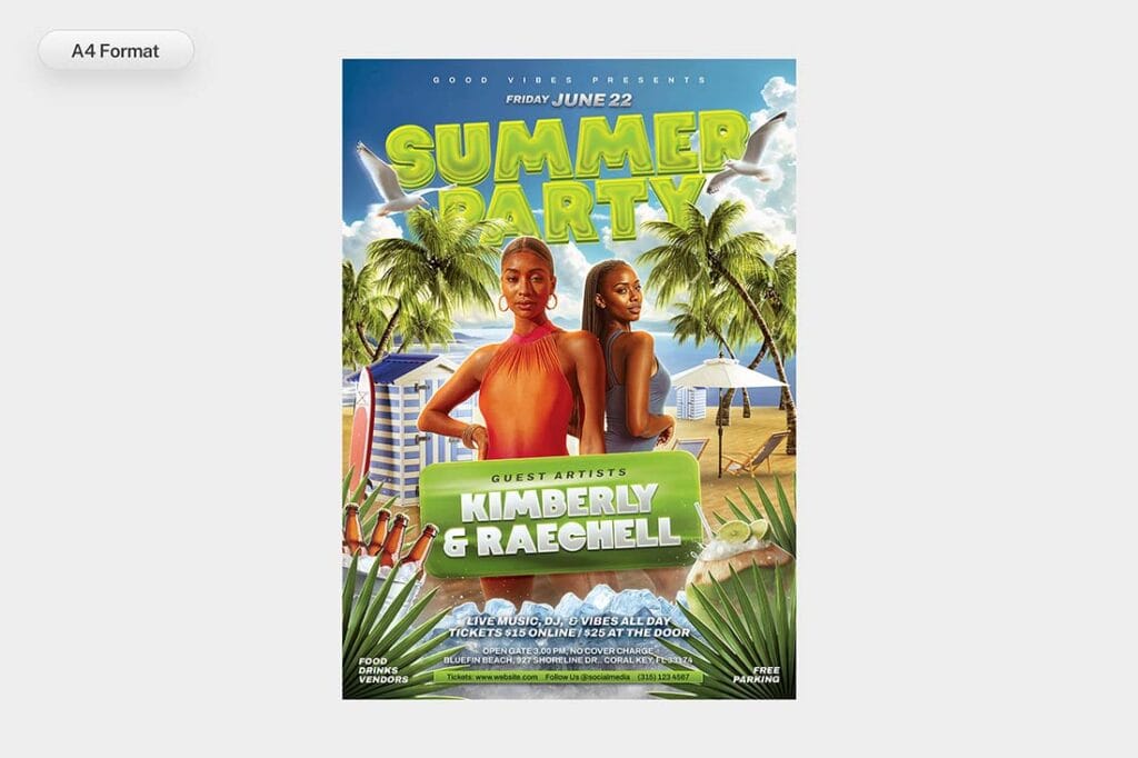 A4 format summer party flyer Photoshop with modern beach vibe and model