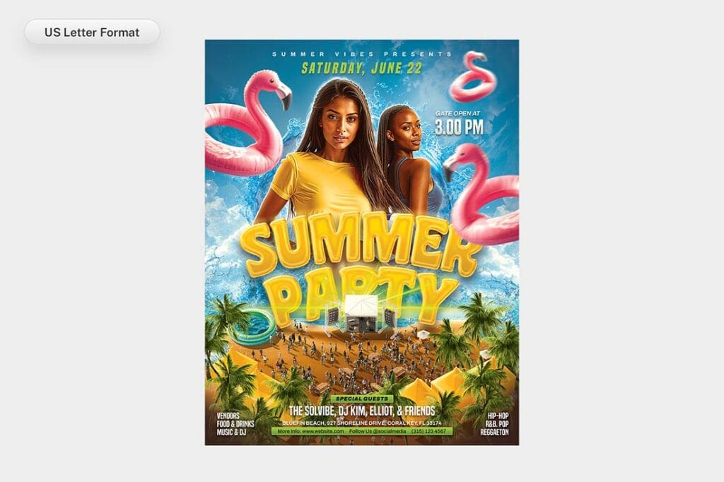 Tropical beach party flyer with vibrant colors and palm trees – US letter flyer format