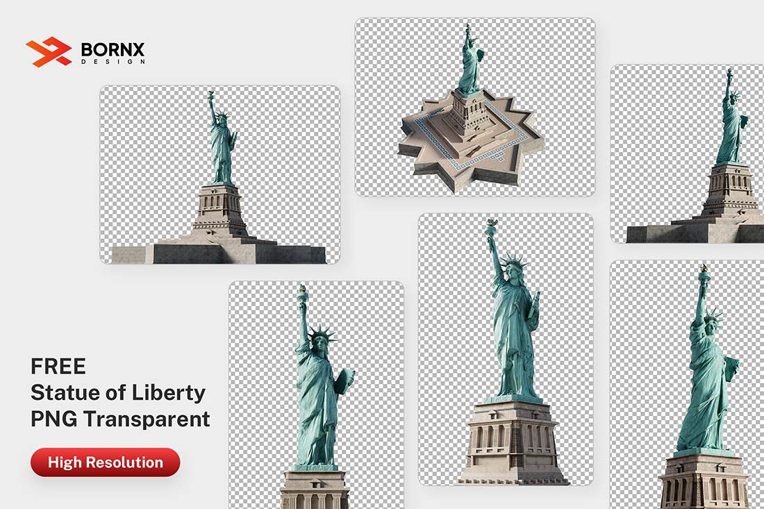 High-resolution transparent PNG of full-body Statue of Liberty with wide base view.
