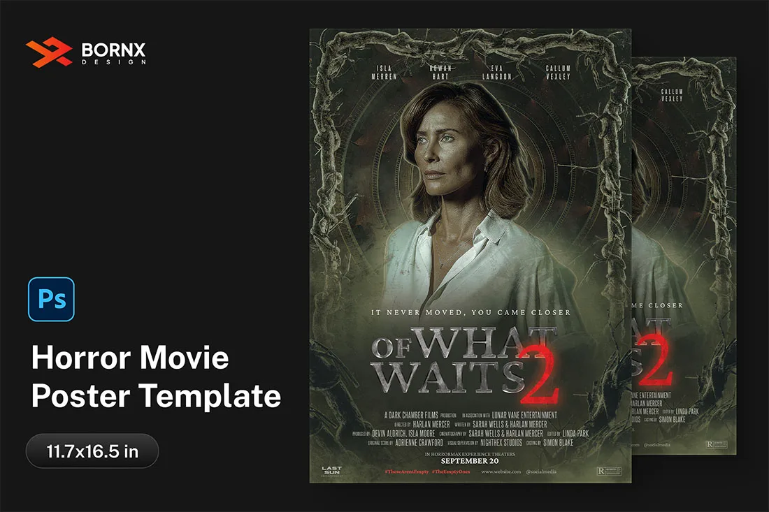 horror movie poster template Photoshop by Bornx Design, available in A3 format with eerie lead character