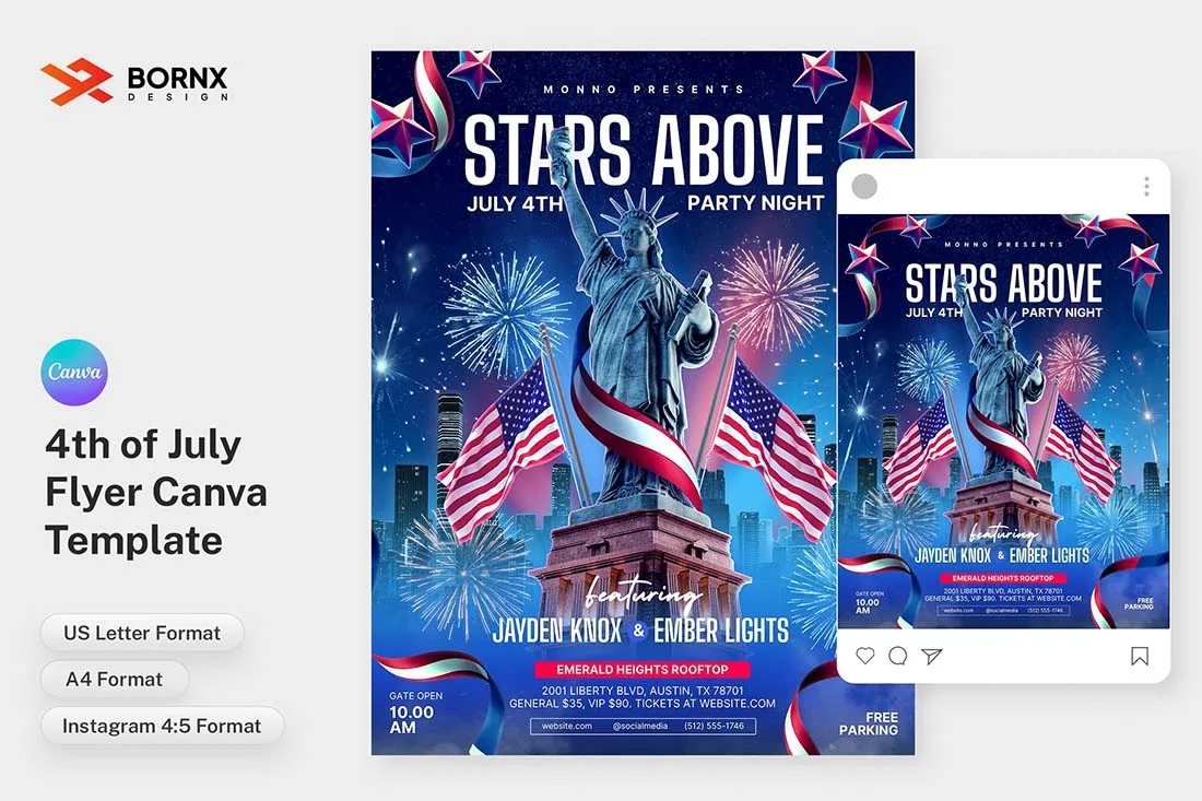 4th of July Canva flyer template featuring Statue of Liberty, fireworks, and USA flags in US Letter, A4, and Instagram Post portrait format