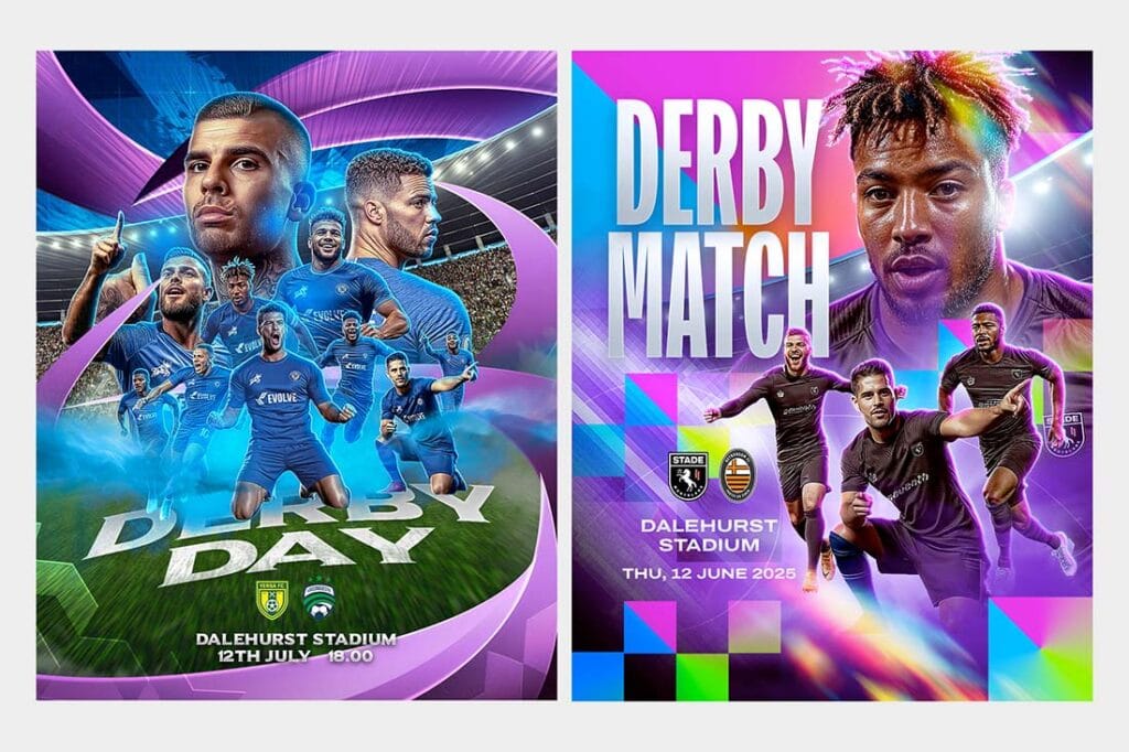 Derby day football graphic design template in bold purple and blue tones