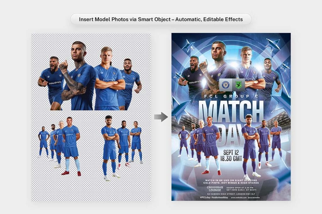 insert player photo football poster smart object template