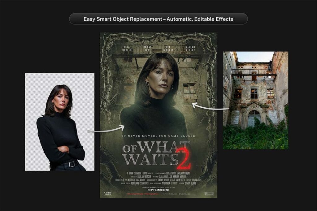 smart object Photoshop horror poster model swap before and after template