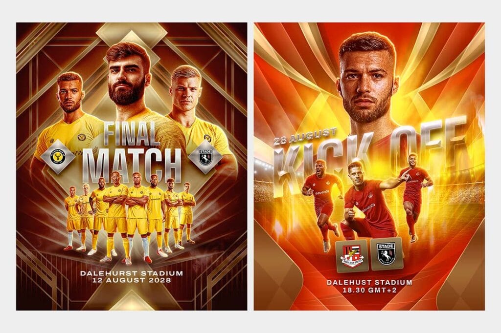Final match sports graphic template with yellow team and metallic background