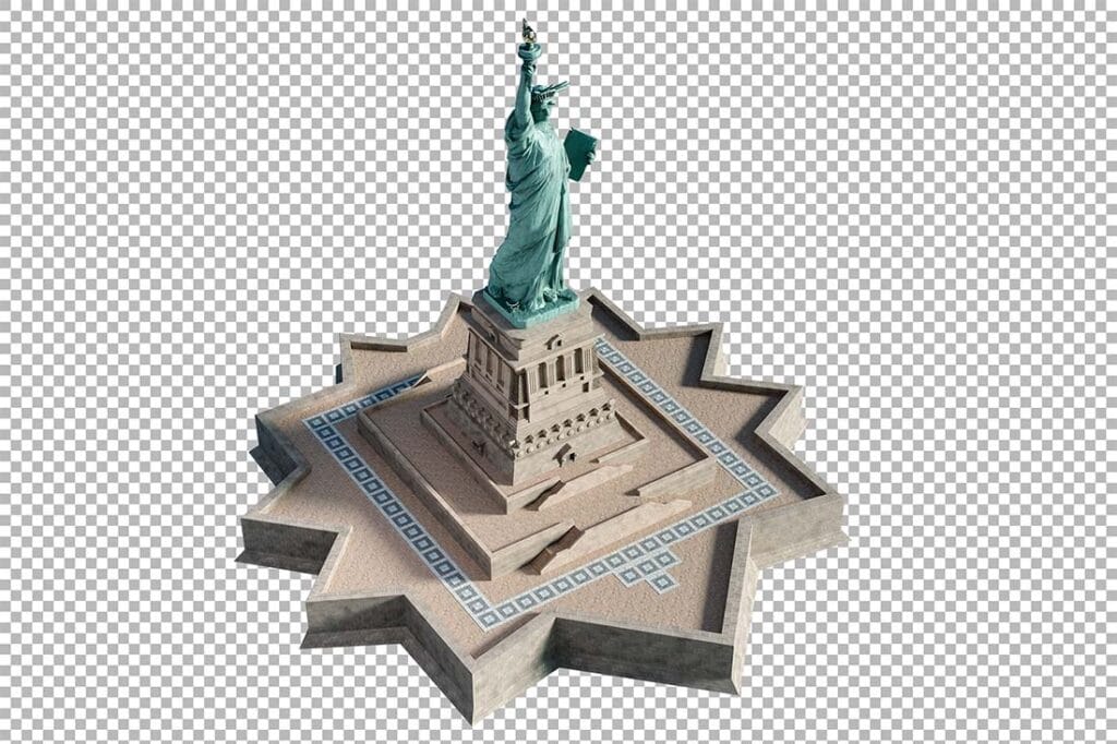 Close-up PNG of the Statue of Liberty in aerial view, showing torch and crown details.