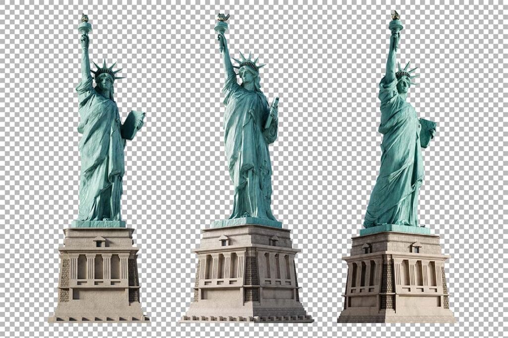 Set of three Statue of Liberty PNGs in different angles with transparent background.