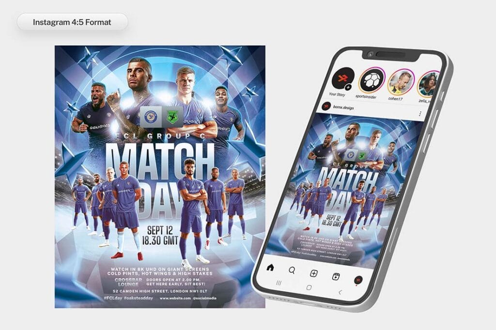 instagram format football match day poster on mobile mockup