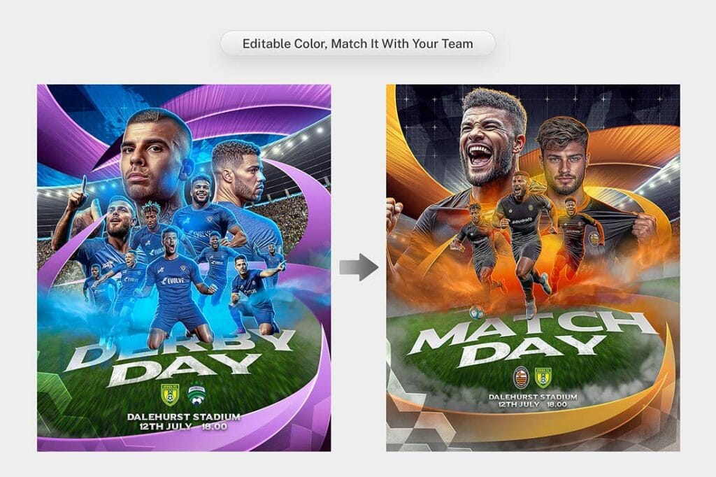 Side-by-side comparison of editable football graphic template color versions