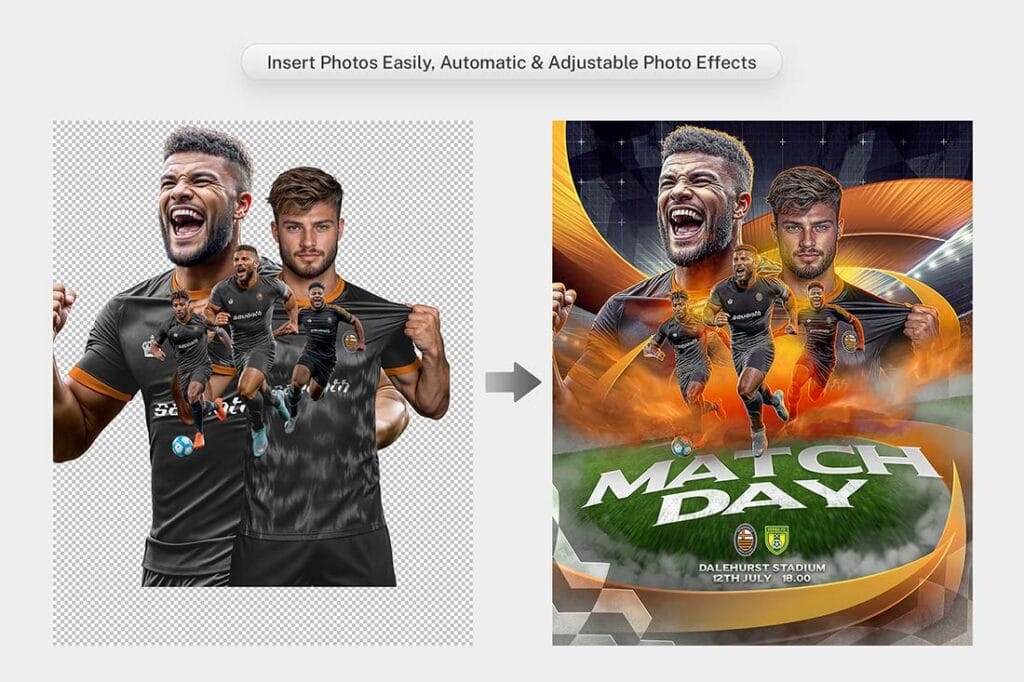 Insert player photo preview for customizable football match day template