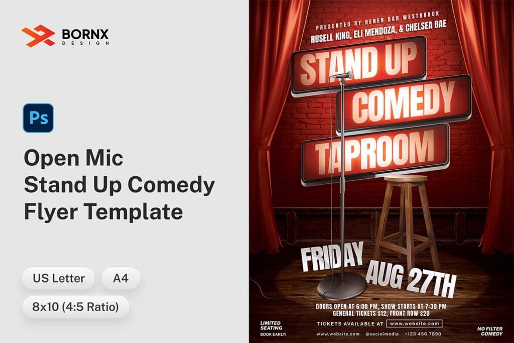 Main preview of Open Mic Stand Up Comedy Night Flyer with microphone and stool on stage under spotlight.