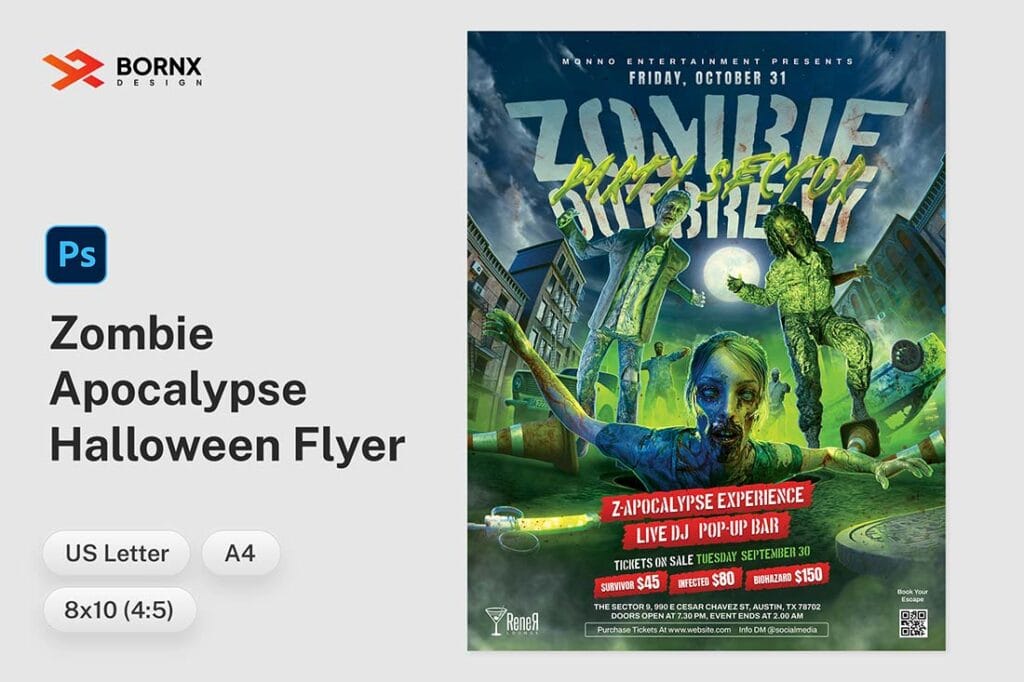 Preview of Zombie Apocalypse Halloween Flyer in Photoshop format featuring neon green zombies in a city street. Ideal for horror party promotions.