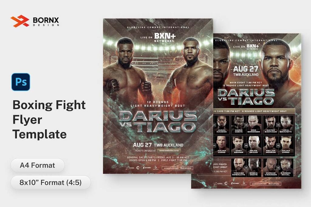 boxing fight flyer photoshop template front view A4 format main event faceoff
