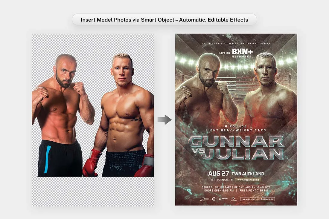 boxing match flyer template PSD, easy fighter photo replacement with Photoshop Smart Object layer