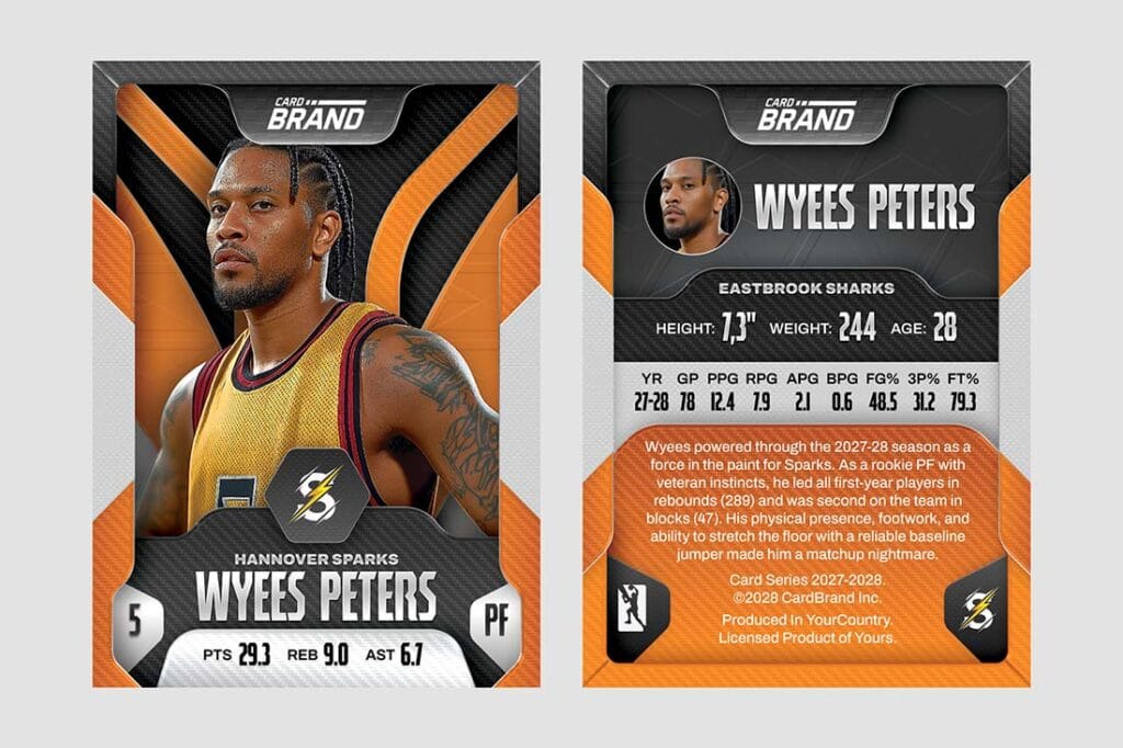 Editable basketball player card template with photo and stats layout
