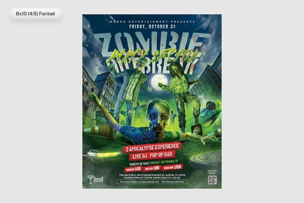 8x10 format display of cinematic zombie flyer design, suitable for scary Halloween promotions, parties, and nightclubs.