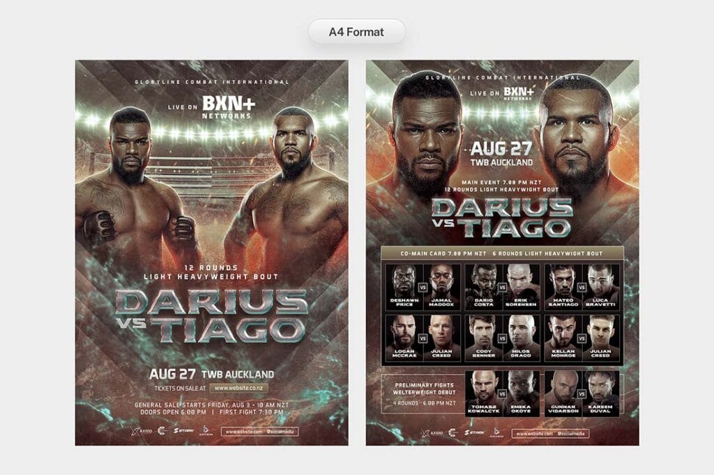 boxing match flyer template preview with co-main event and fight card layout in A4 format