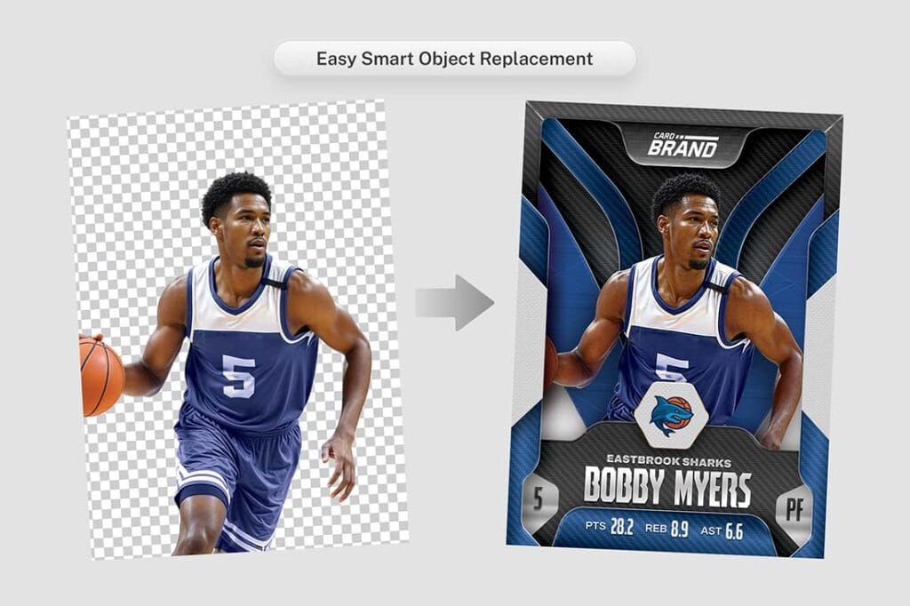Photoshop trading card template with customizable colors and smart objects