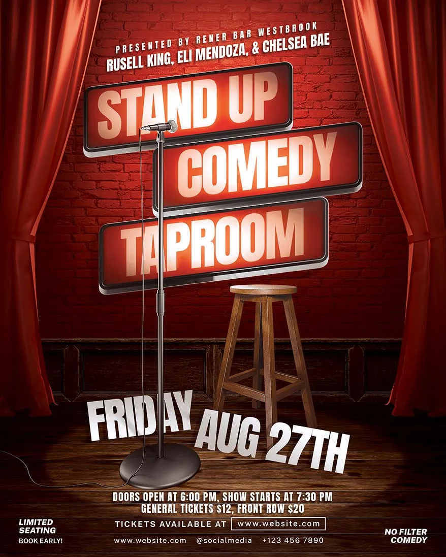 Red retro PSD flyer template for stand-up comedy night and open mic events, featuring microphone, red curtain, and stage stool design