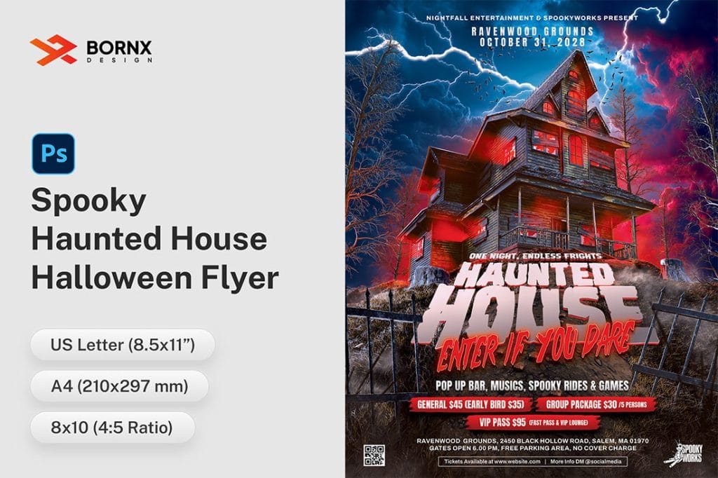 Main preview of Spooky Haunted House Halloween Party Flyer with eerie mansion and stormy sky.