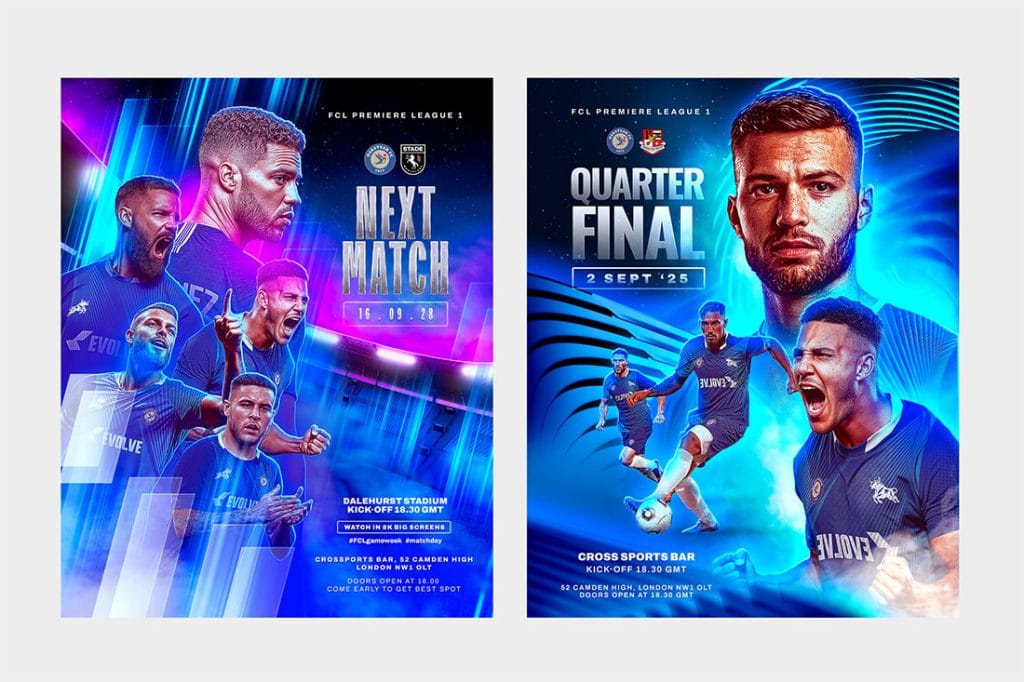 Close-up previews of two matchday flyer designs for Next Match and Quarter Final events, styled in bold blue gradients.
