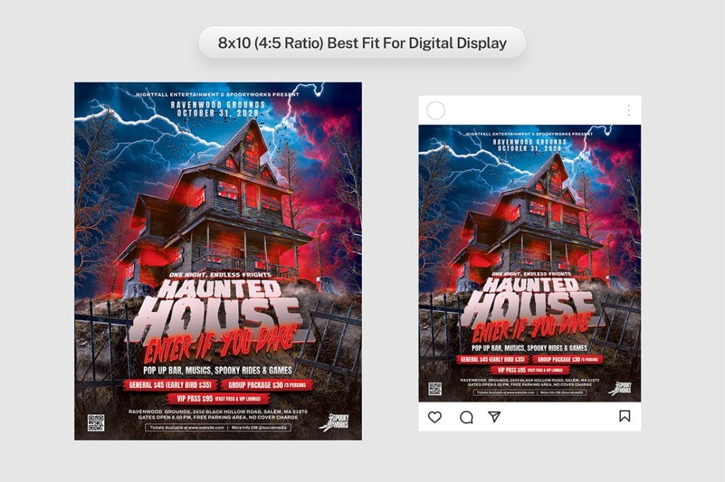 8x10 (4:5) format haunted house flyer for horror-themed Halloween parties and festivals. Also perfect for Instagram post.