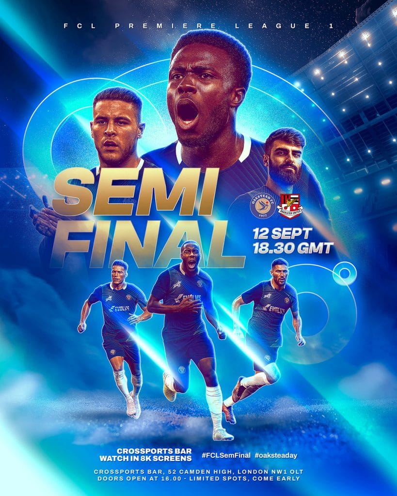 Instagram post template PSD for football club semi final match promotion with bold players, glowing blue effects, and modern sports design.