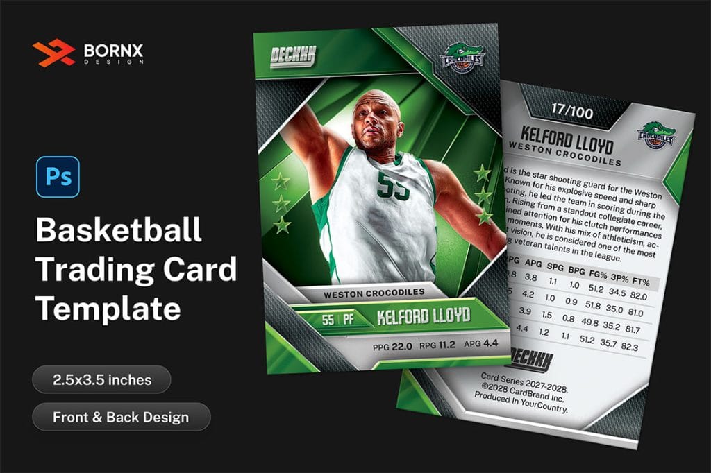 Front and back preview of basketball trading card PSD template with player stats and action photo