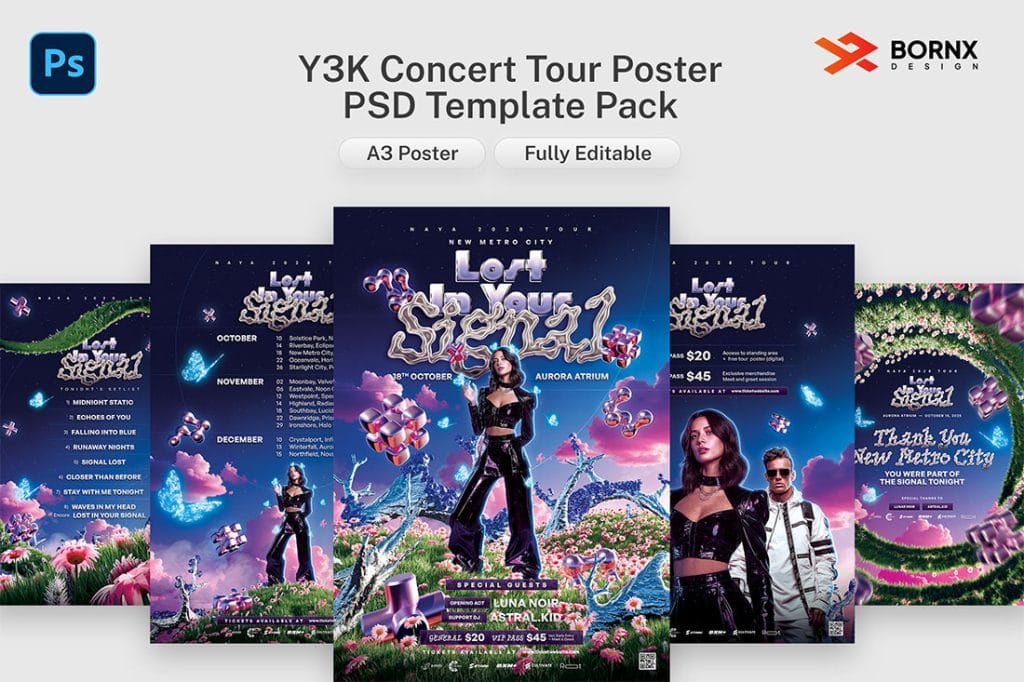 Futuristic Y3K concert tour poster template with surreal 3D visuals and artist image in PSD format.