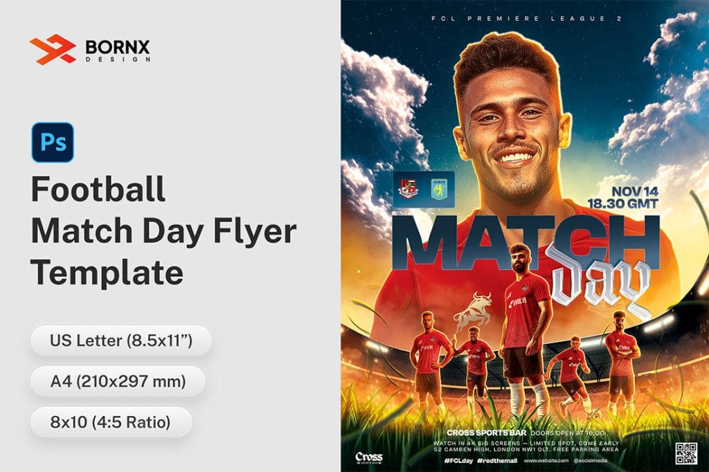 Hero preview of Football Match Day Flyer Template PSD featuring smiling athlete and team in red kits under dramatic sky lighting, with “Match Day” text in bold style.