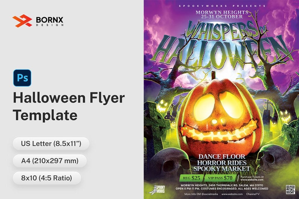 Halloween party flyer template with glowing jack-o’-lantern and eerie graveyard, designed in Photoshop.
