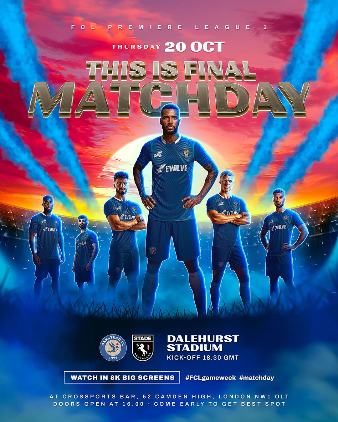 Instagram template for football club final match promotion featuring bold typography, sunset sky, and a strong central player pose.