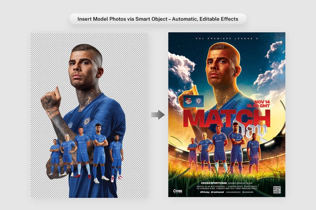 Smart Object preview showing photo replacement process in the football match flyer template using player in blue kit with editable effects.