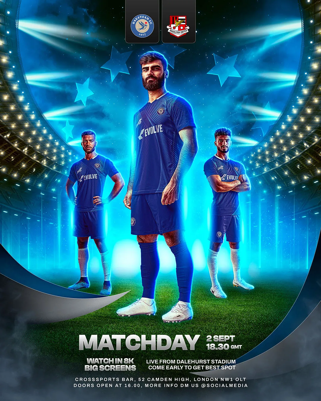 Instagram post design for football club match day featuring stadium lights, blue tones, and players in action-ready poses.