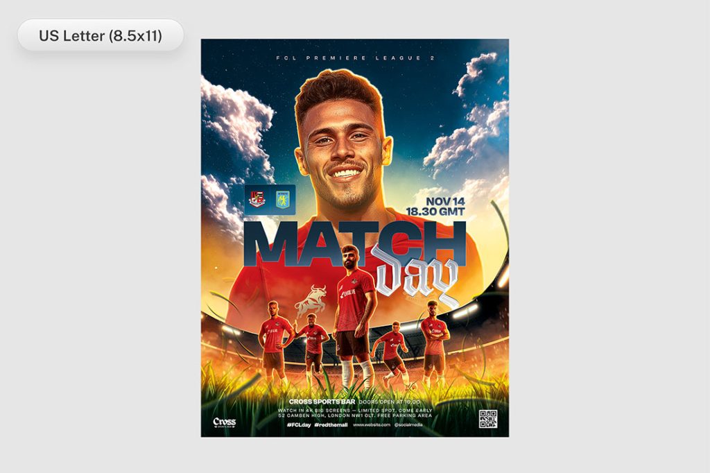 Close-up preview of match flyer in US Letter format, showcasing realistic lighting, team lineup, and stadium background.