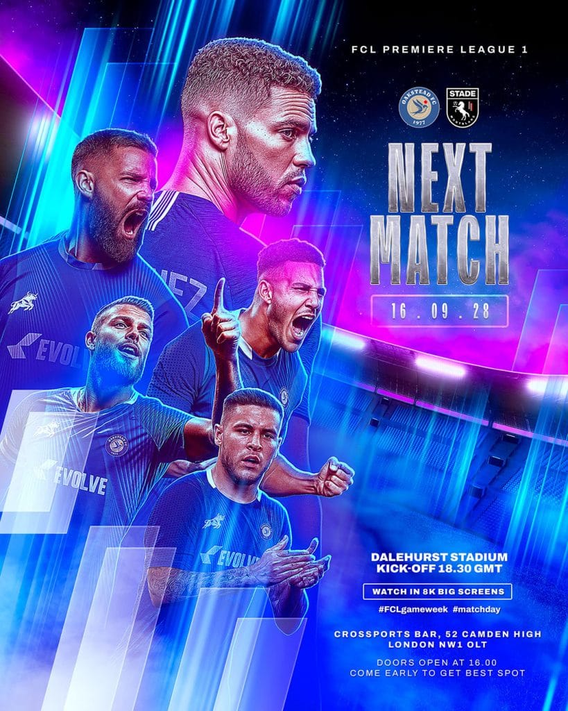 Football club Instagram post template for next match announcement with neon lights, player portraits, and dramatic blue and purple highlights.