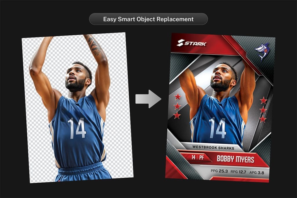 Smart Object demonstration for replacing basketball player photo in trading card design.