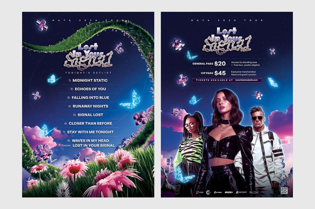 Setlist and pricing sheet poster with dreamy visuals and artist trio layout.