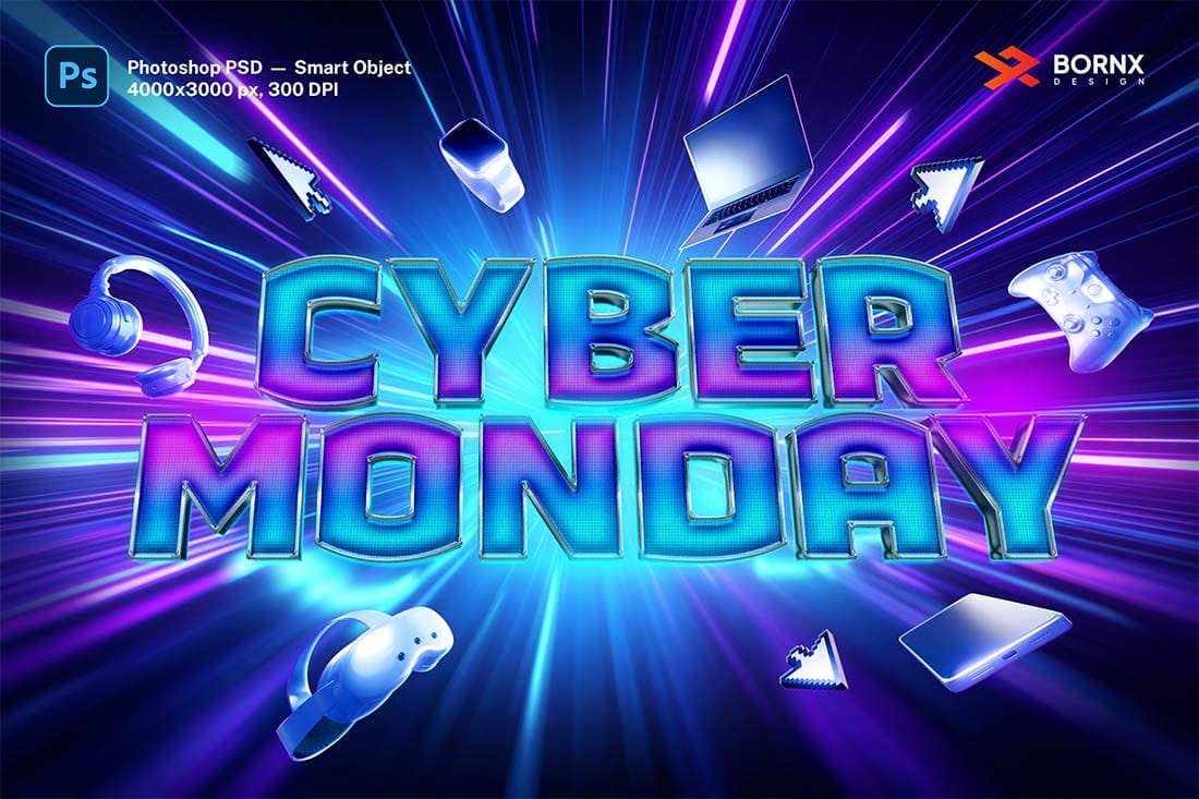 Cyber Monday 3D LED Text Effect PSD Template with futuristic blue and purple glowing text surrounded by digital gadgets