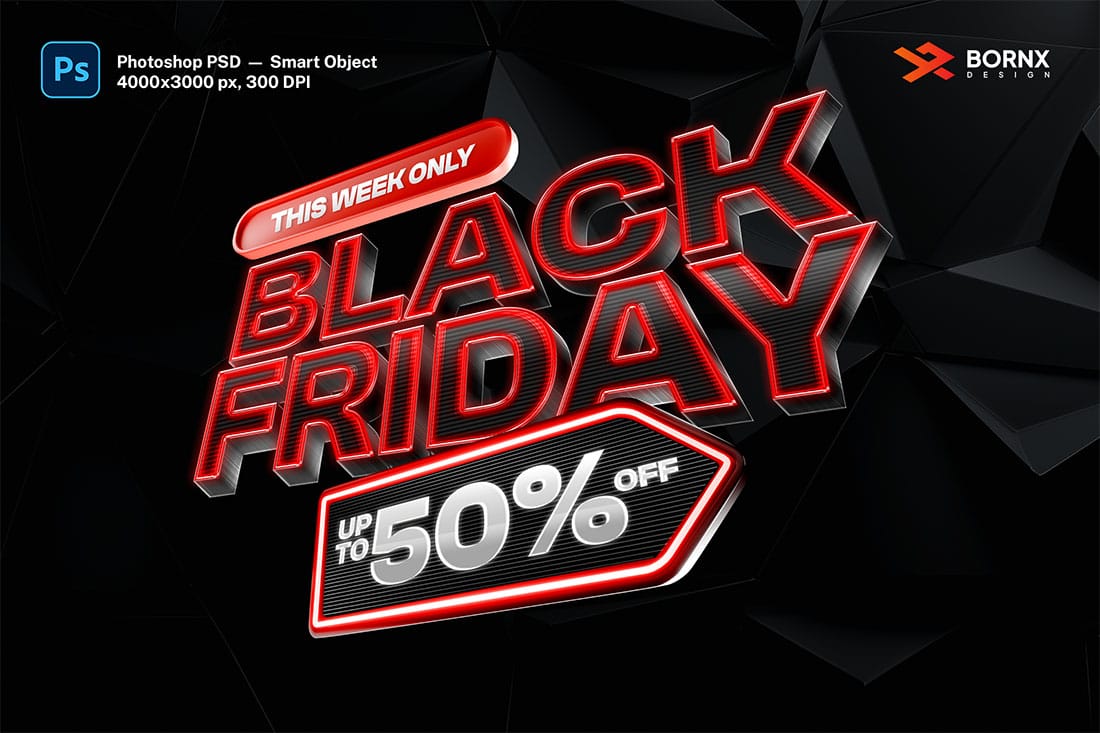 Black Friday 3D neon text effect PSD template showing bold red glowing typography with sale discount layout, editable in Photoshop.