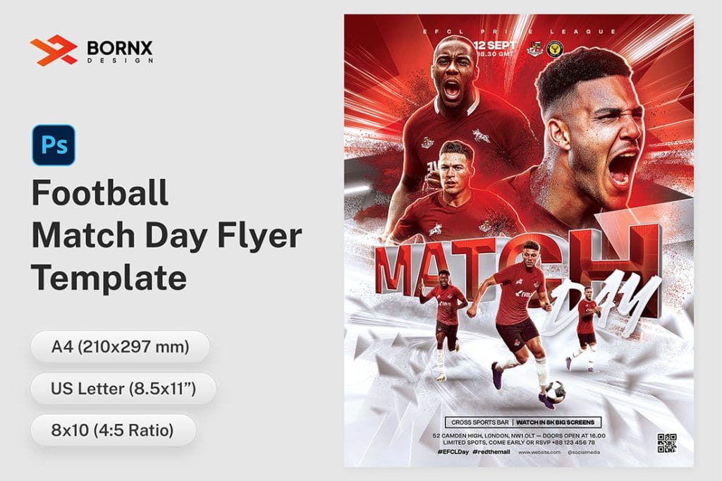 Football Match Day Flyer Template PSD preview with red team design and bold "Match Day" text.