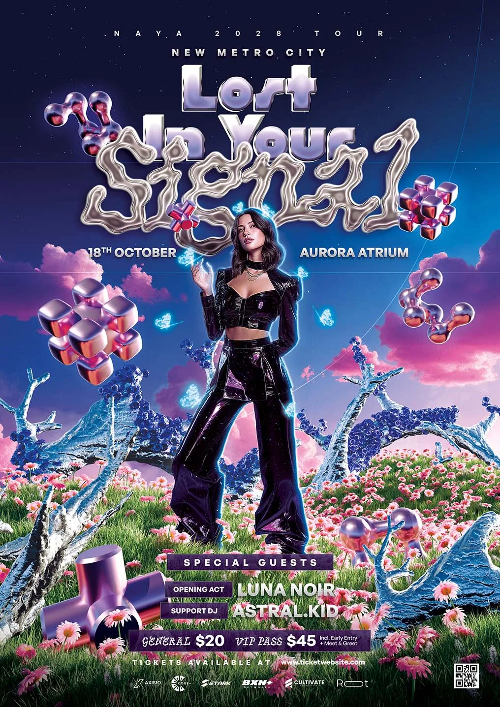 Photoshop poster template for Y3K concert tour with futuristic neon landscape, surreal elements, and artist highlight.
