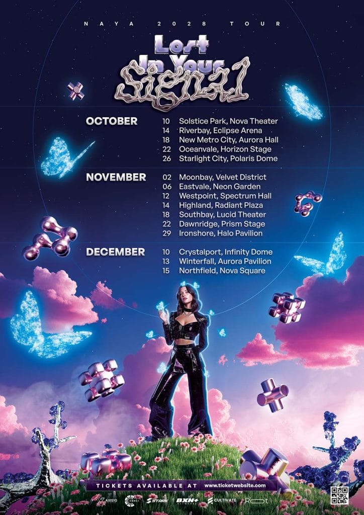 PSD concert tour schedule poster with futuristic Y3K design, listing tour dates and venues with neon accents.