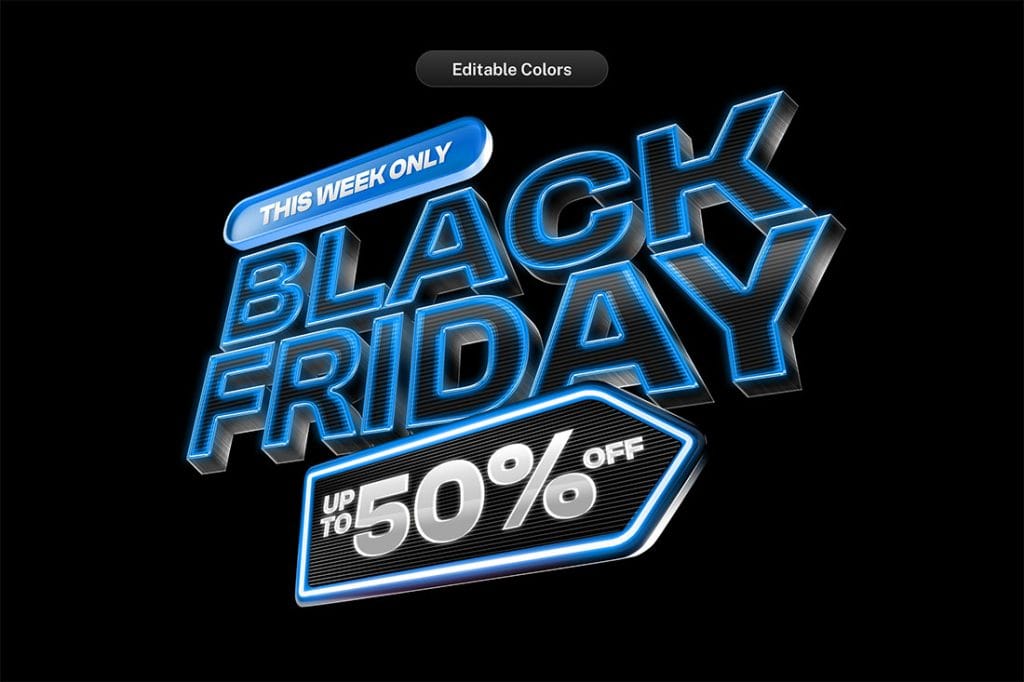 Blue version of Black Friday 3D text PSD template with glowing neon light effect and editable sale text for modern promotional designs.