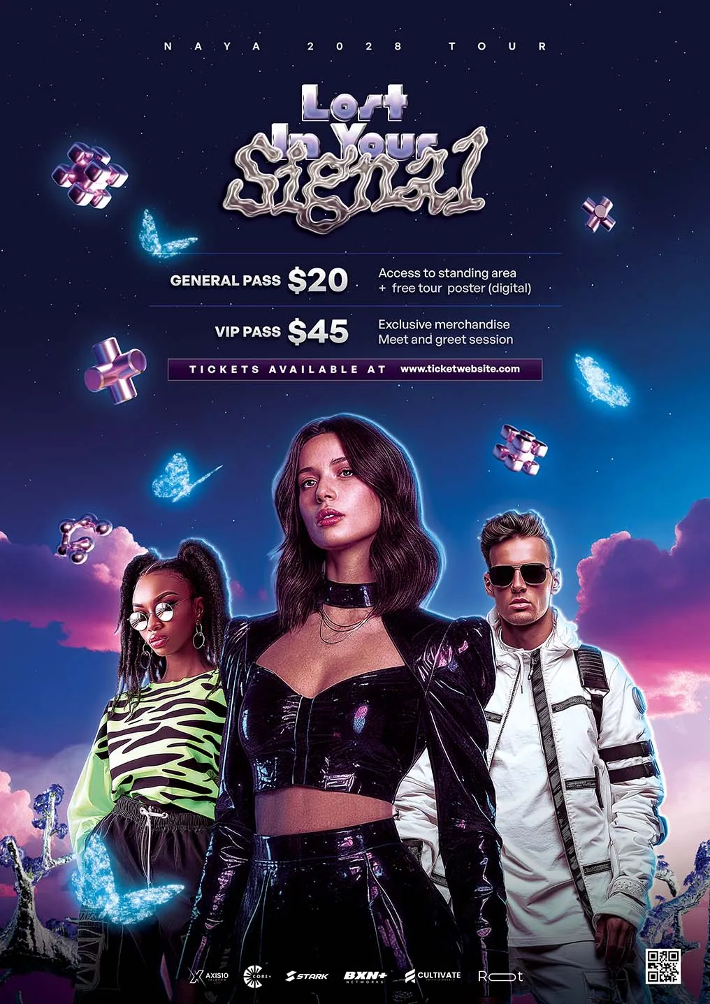 Photoshop concert promo poster template with futuristic Y3K design, artist portraits, and neon cosmic background.